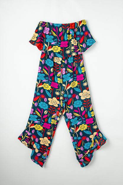 Roodmix strapless jumpsuit met ruches en tropische print