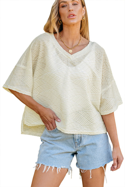 Beige V Neck Textured Split Hem Oversized Top