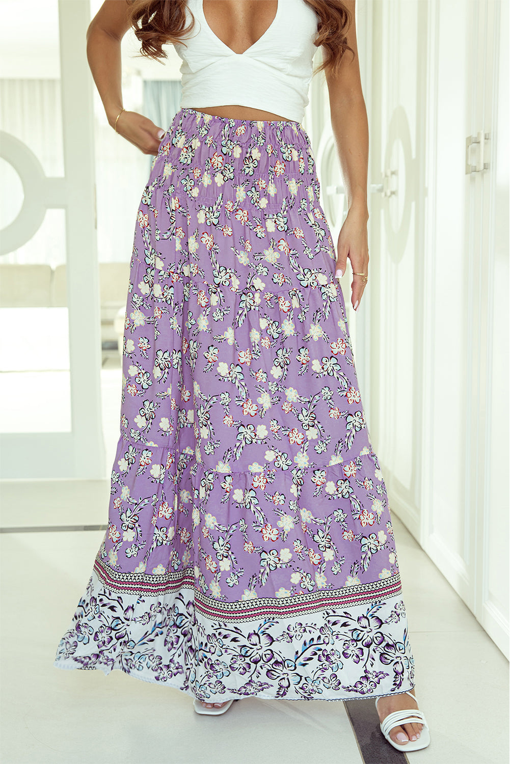 Paarse bloemenprint gesmokte maxi-rok met hoge taille