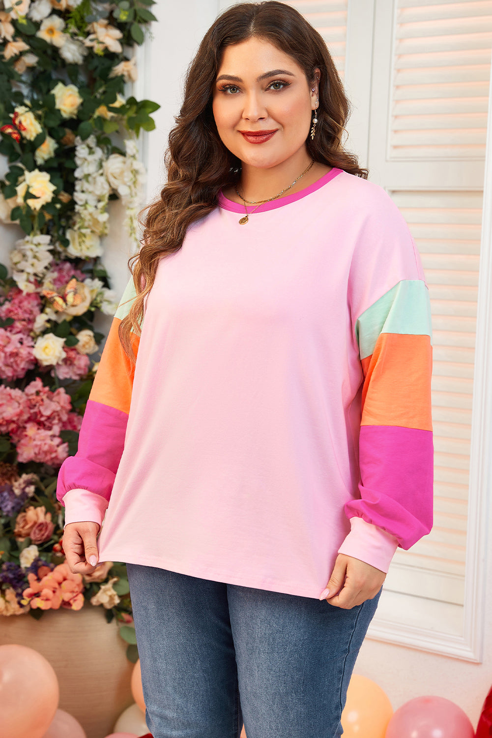 Roze Colorblock Patchwork Lange Mouw Plus Size Top