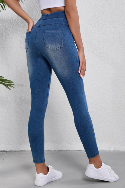 Marineblauwe skinny elastische taille enkellange mid waist jeggings met zakken