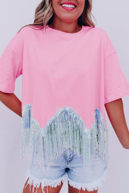 Roze cropped T-shirt met pailletten en franjes