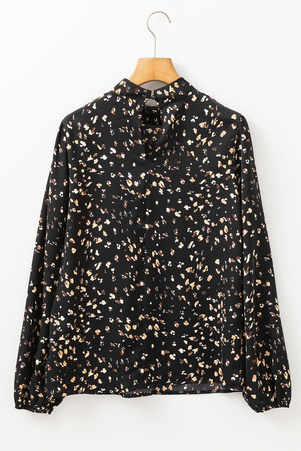 Black Leopard Print Lantern Sleeve Mock Neck Pleated Blouse