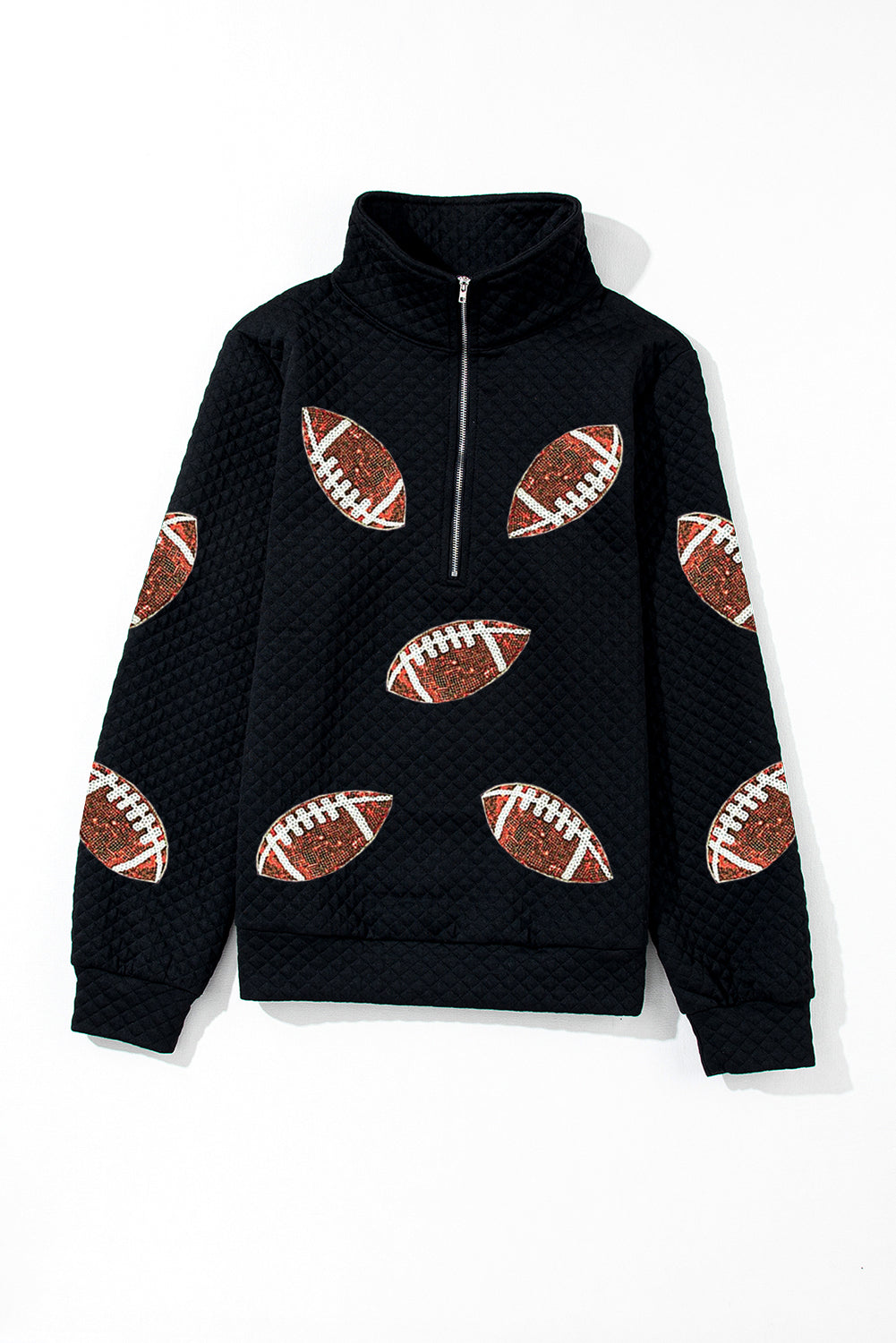 Zwarte Sequin Rugby Football Patched Quarter Zip Textured Sweatshirt