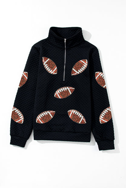 Zwarte Sequin Rugby Football Patched Quarter Zip Textured Sweatshirt