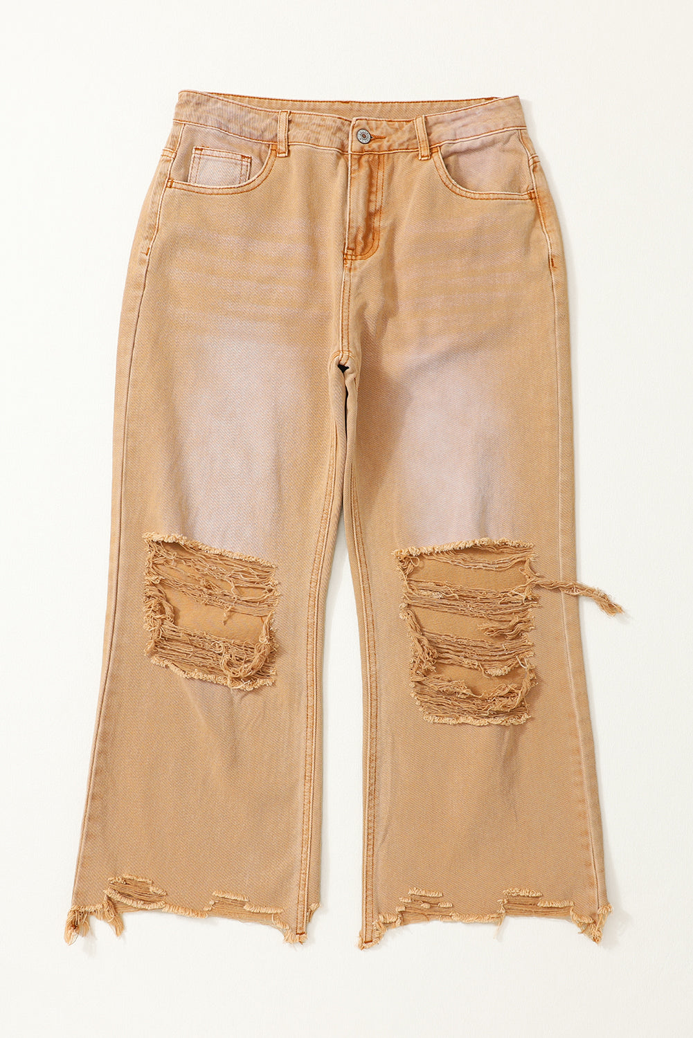 Brown Distressed Hollow-out High Waist Cropped Flare Jeans