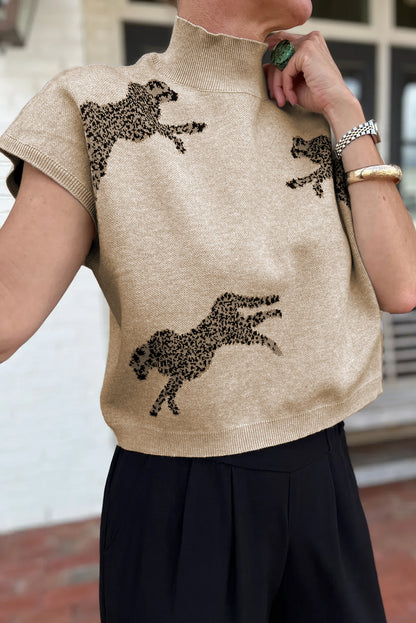 Apricot Lively Cheetah Pattern High Neck Short Sleeve Sweater