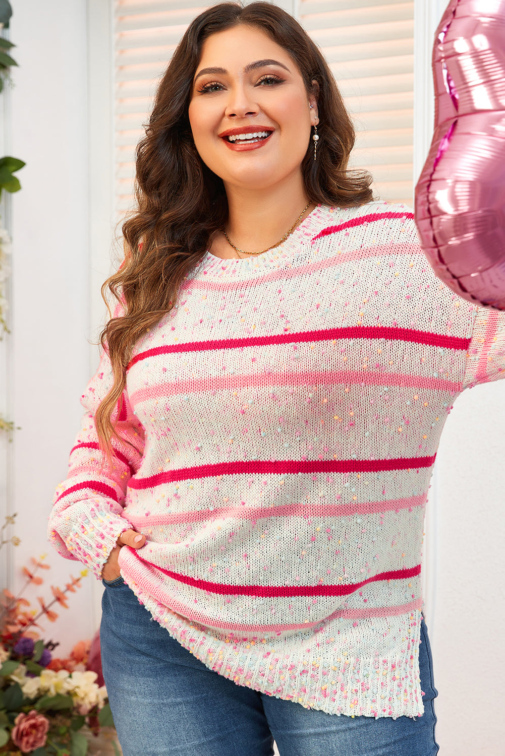 Roze streep drop schouderzijde split plus size trui