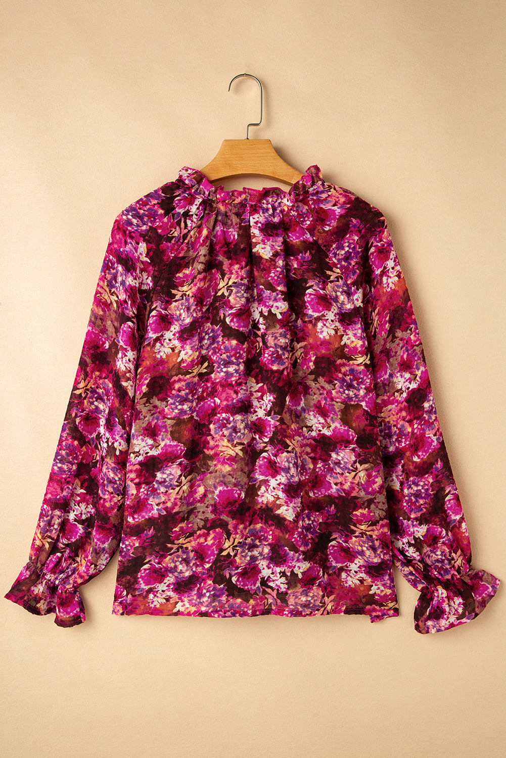 Rozerode bloemenprint, trekkoord, gerimpelde V-hals, losse blouse