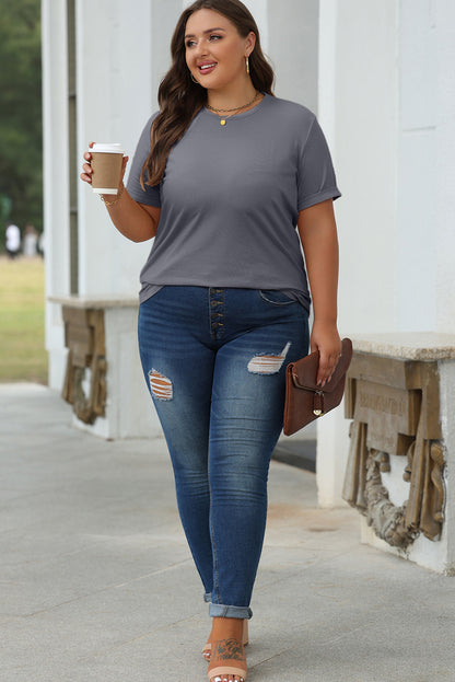 Gray Casual Plain Crew Neck Tee