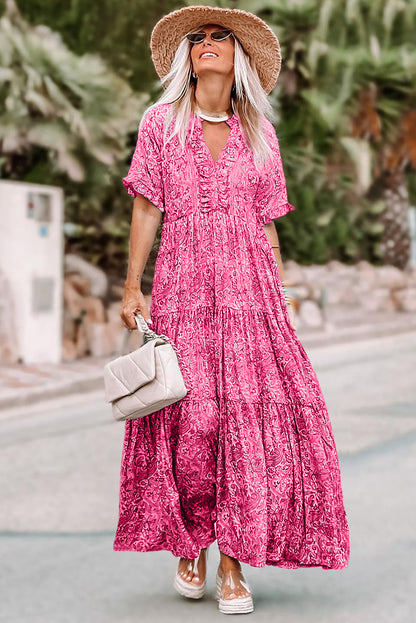 Roze paisley-print Boho Holiday gelaagde maxi-jurk met ruches