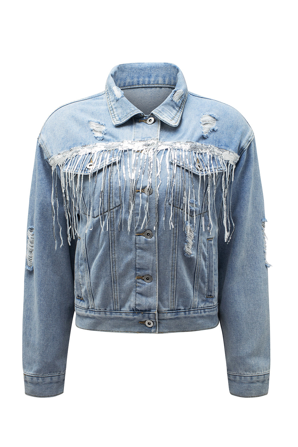 Hemelsblauw, met pailletten verfraaid denim jack met franjes