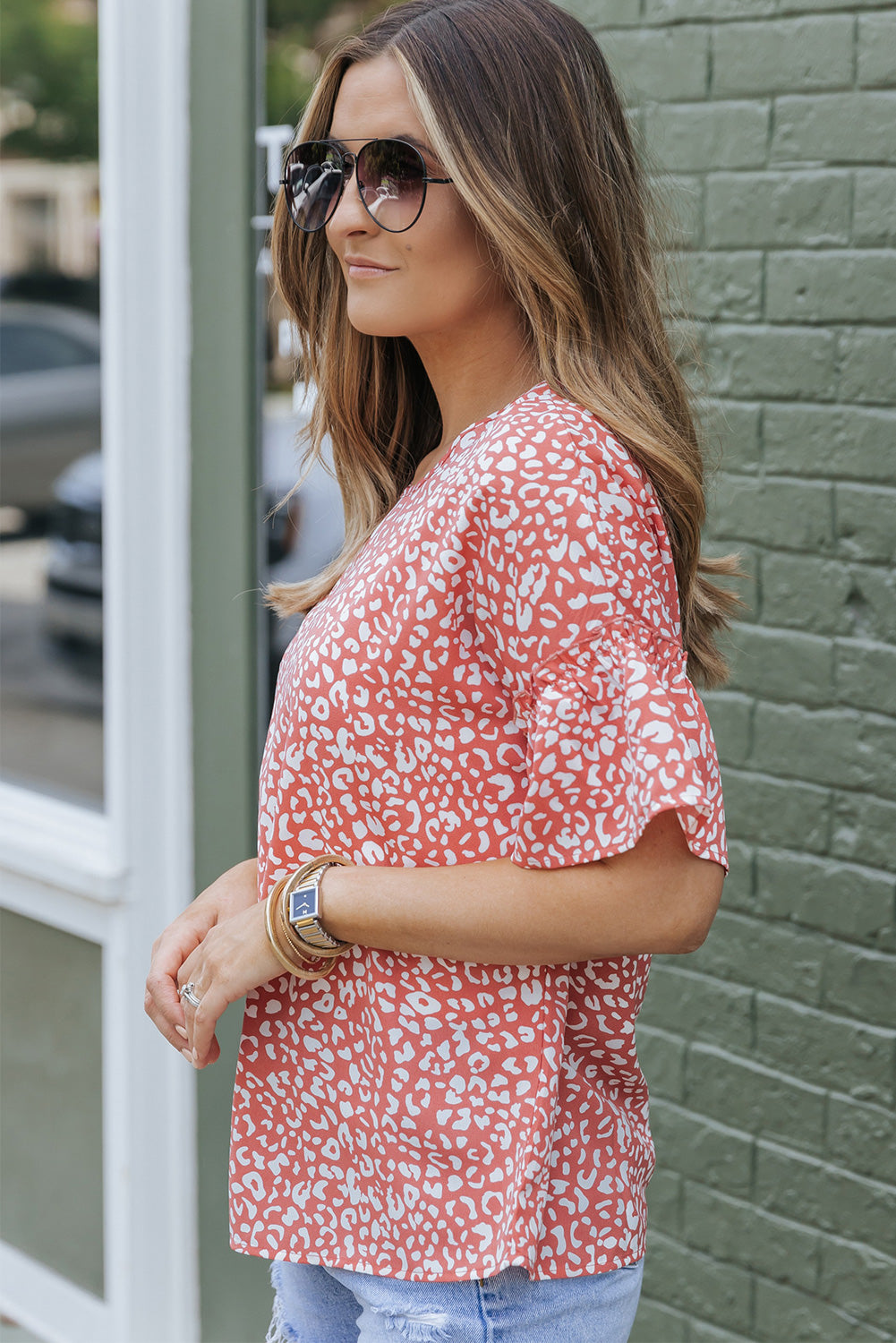 Pink Leopard Spotted Ruffle Sleeve T-Shirt