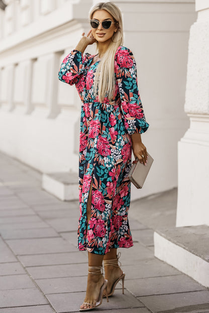 Fiery Red V Neck Elastic High Waist Split Floral Dress