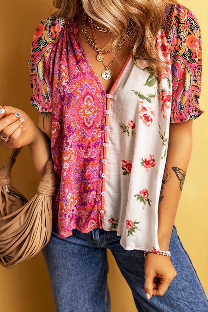 Veelkleurige Boho bloemen patchwork blouse met korte mouwen en knopen