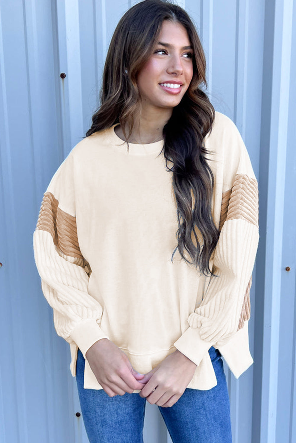 Abrikoos Corduroy Patchwork Drop Shoulder Sweatshirt met Lange Mouwen