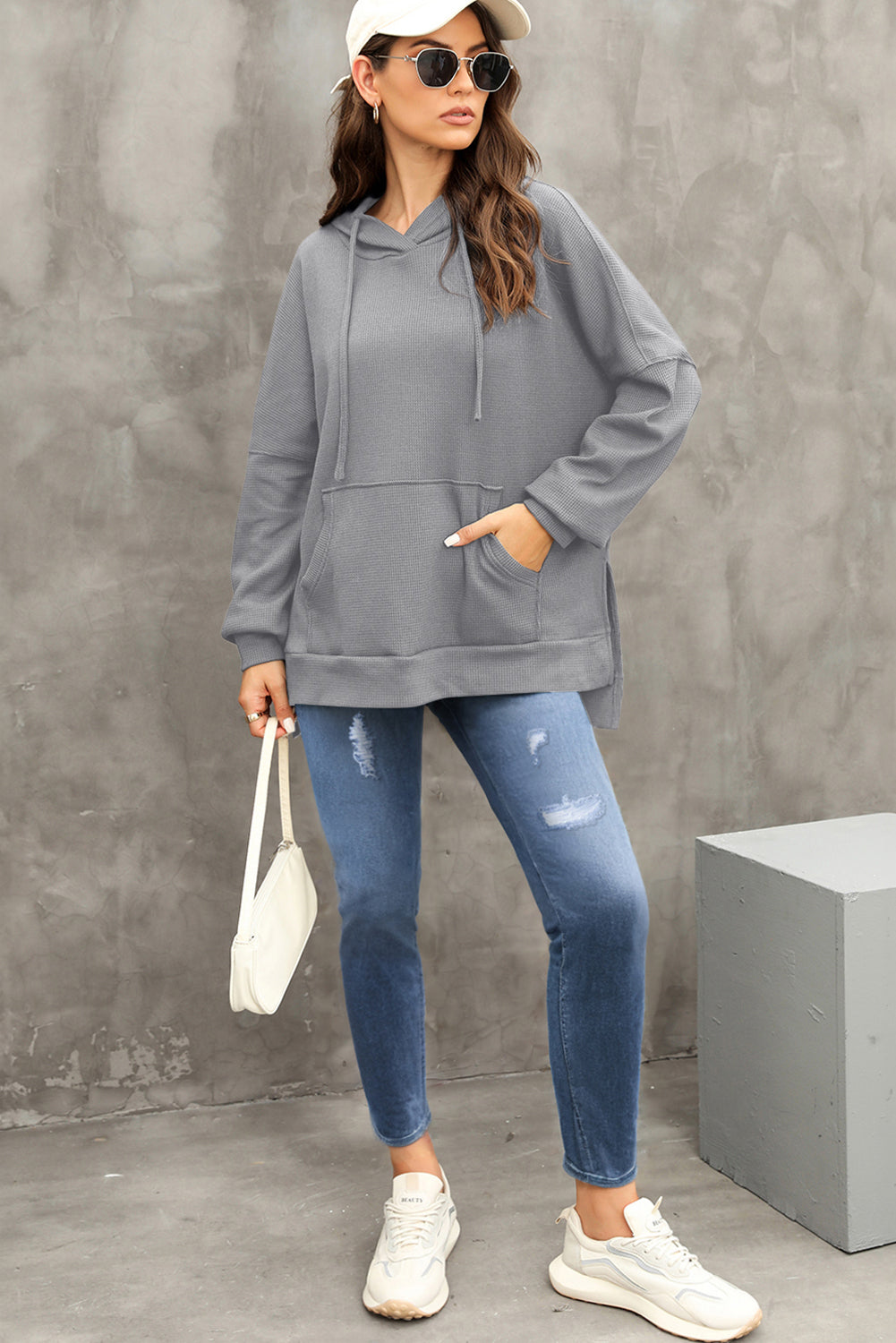 Grijze wafel gebreide fleece gevoerde high low oversized hoodie