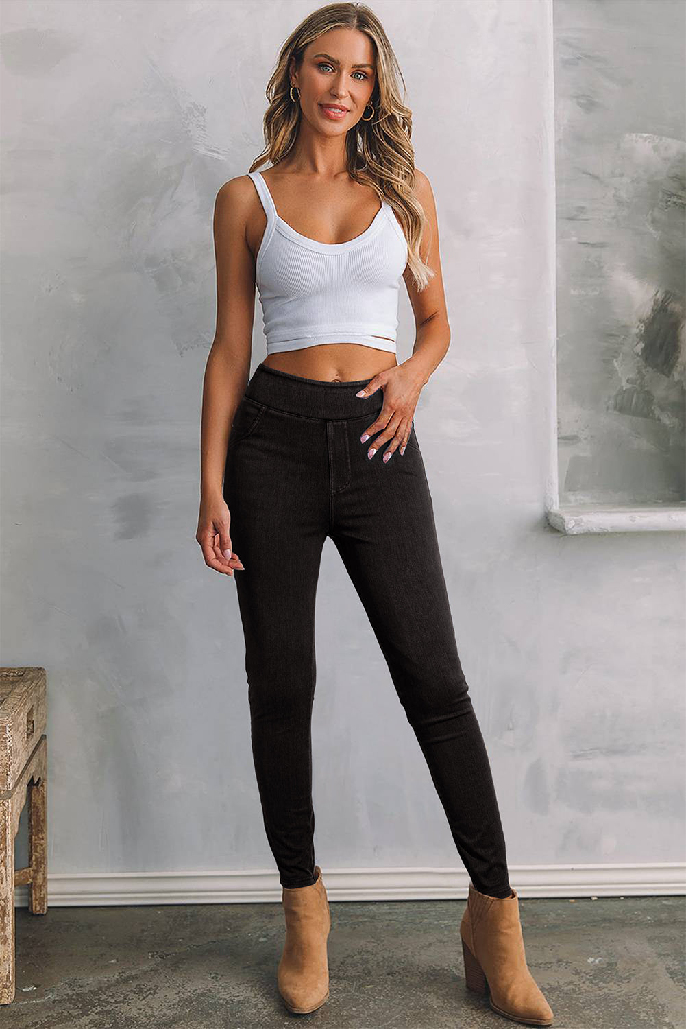 Ashleigh Blauwe Effen Kleur Hoge Taille Rekbare Slim Fit Jeggings