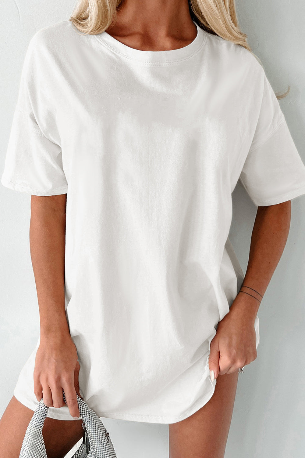 Wit effen kleur Basic tuniek T-shirt met ronde hals