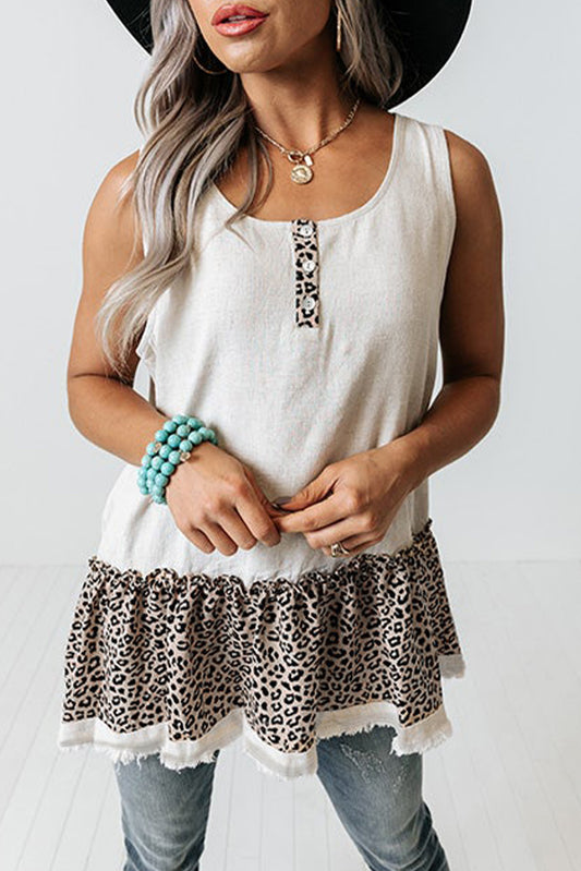 Witte tanktop met peplum zoom en witte luipaardprint