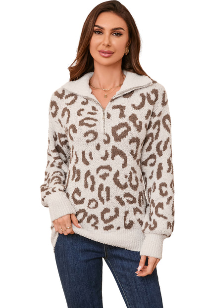 Gray Animal Print Zipped Collared Sweater