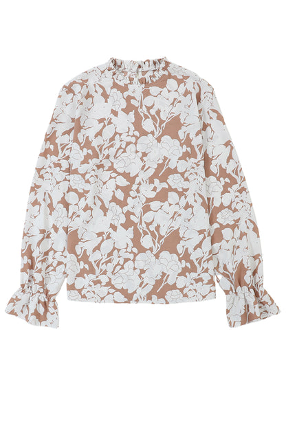 Licht Frans beige bloemenprint blouse met ruches aan de halslijn en volantmouwen