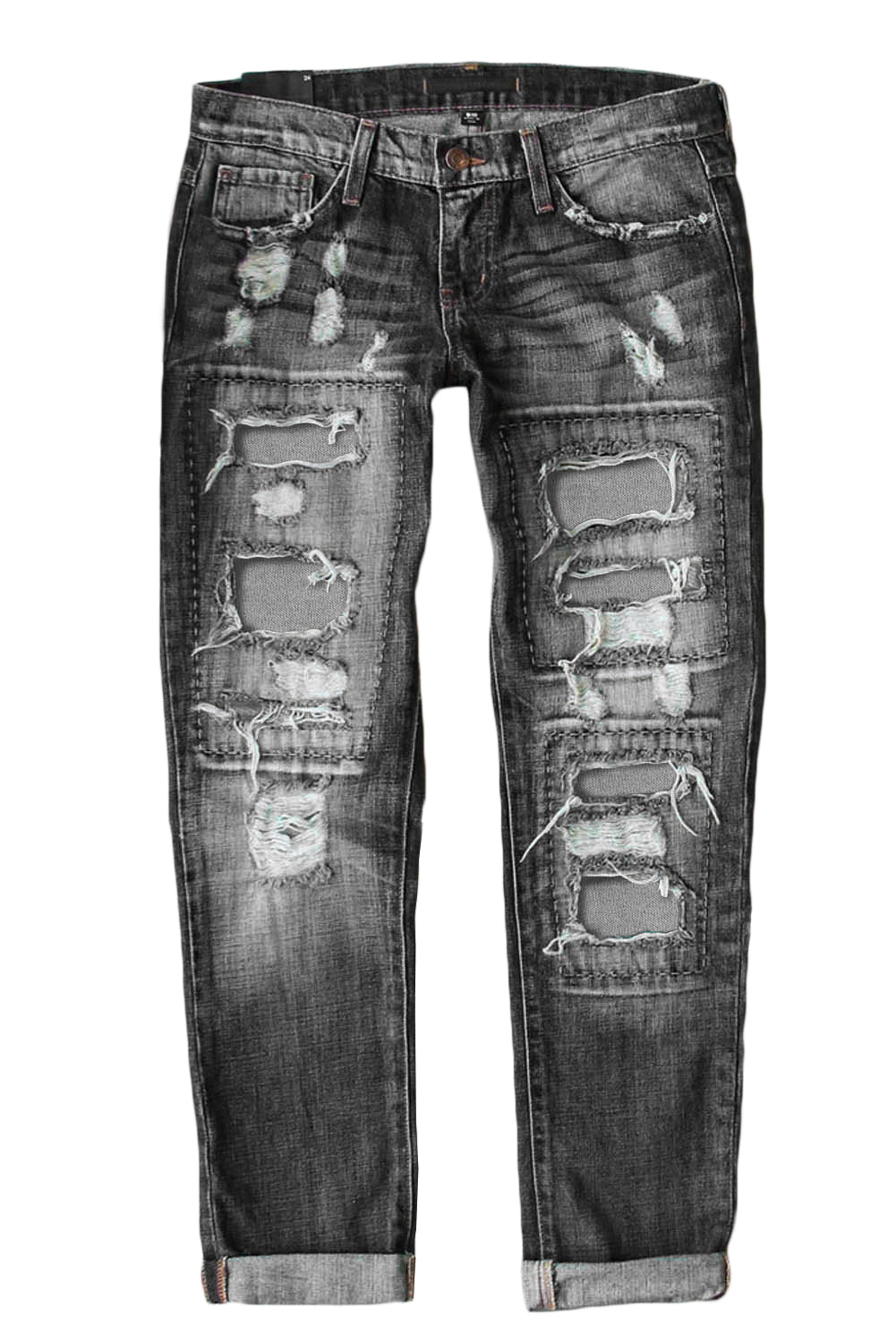 Grijze versleten jeans met zakken met knopen