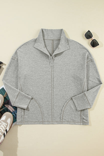 Light Grey Exposed Seam Collared Pocketed Loose Sweatshirt