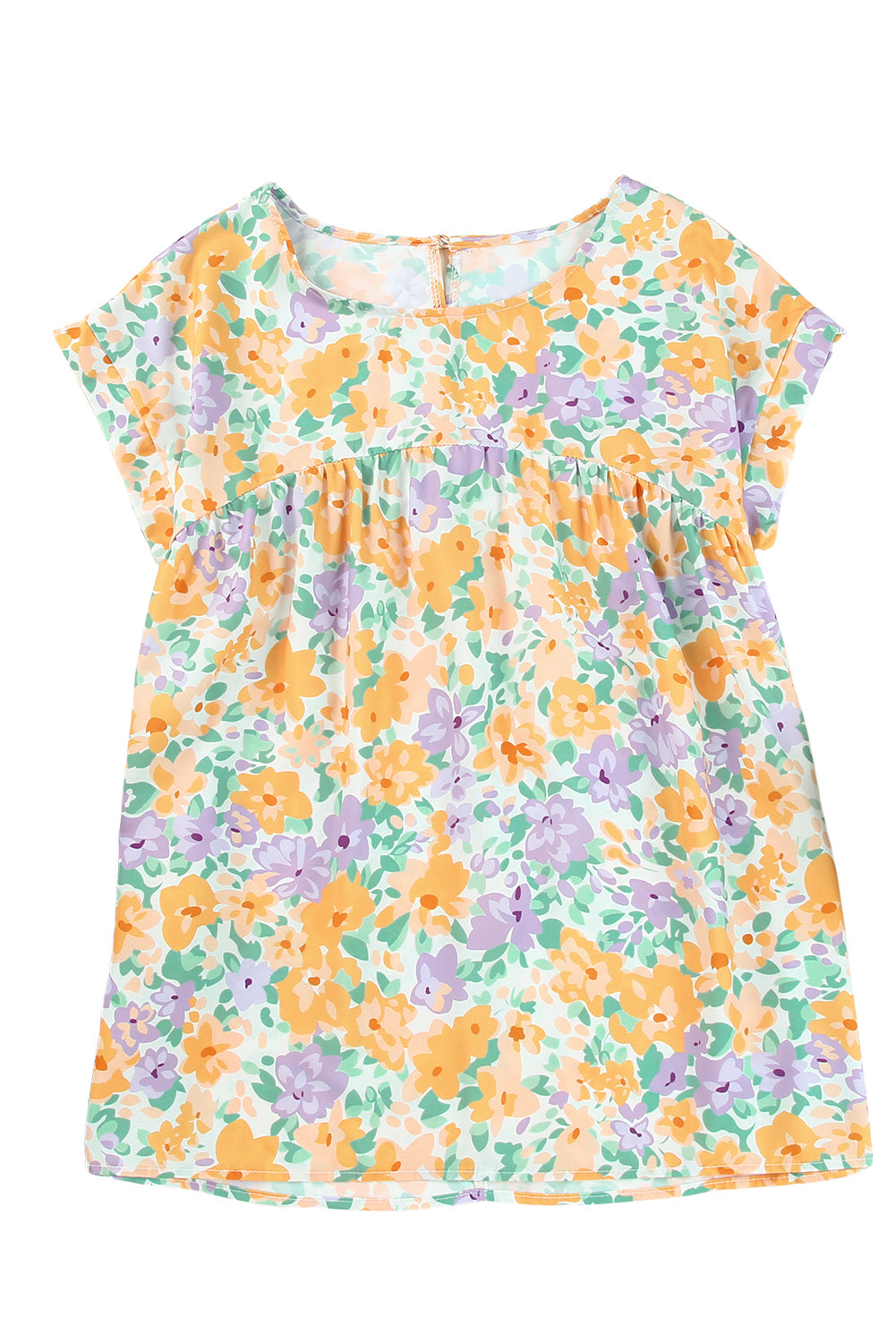 Babydollblouse met gele bloemenprint en keyhole-achterkant met korte mouwen