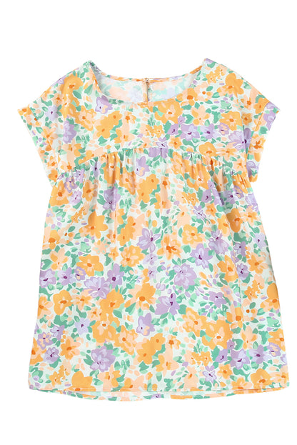 Babydollblouse met gele bloemenprint en keyhole-achterkant met korte mouwen