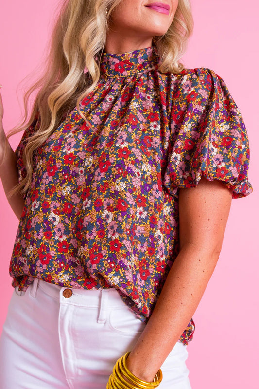 Paarse bloemenprint geknoopte blouse met hoge hals en pofmouwen