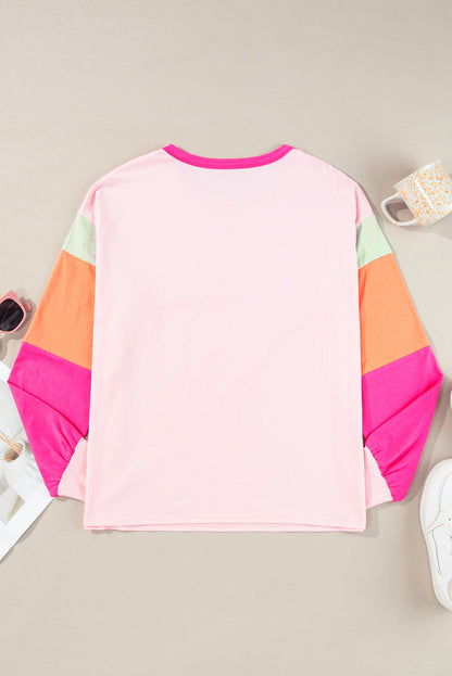 Pink Colorblock Patchwork Long Sleeve Loose Top