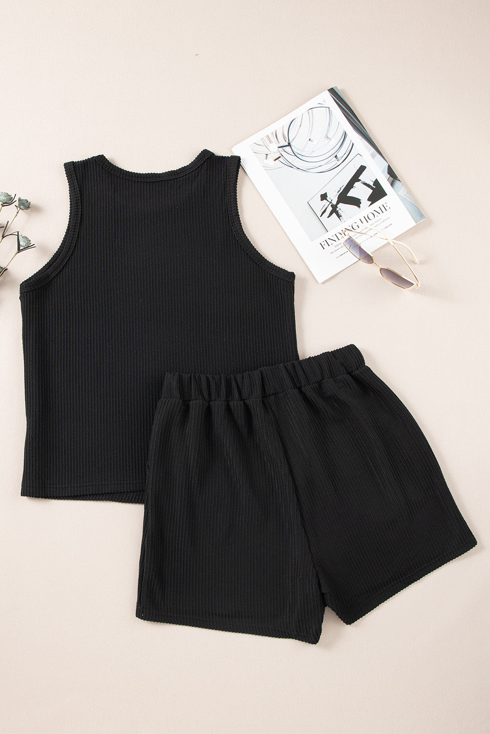 Black Corded Sleeveless Top and Pocketed Shorts Set