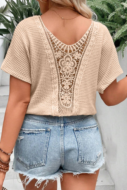 Beige Guipure Lace Insert Textured Plus Size Tee