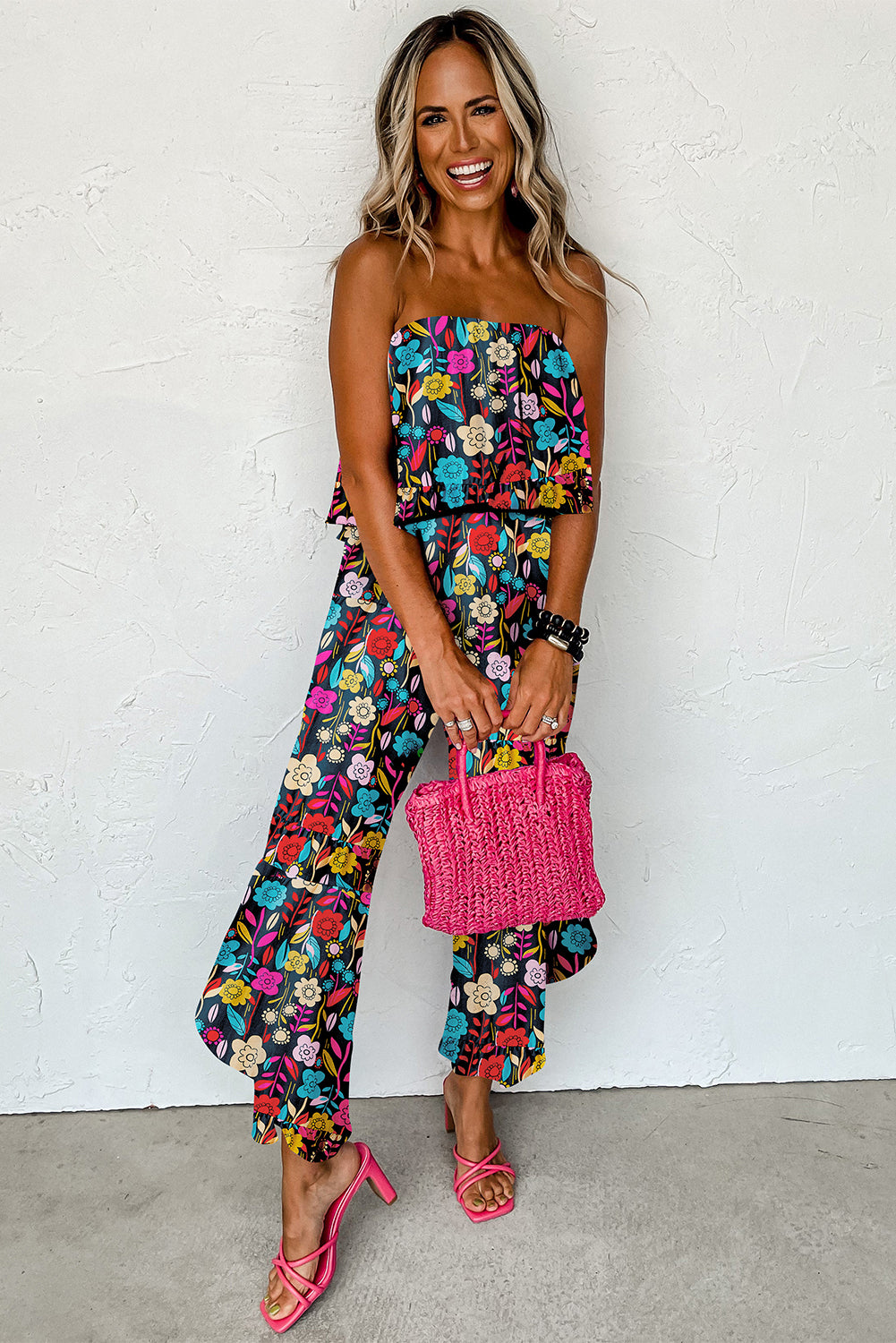 Roodmix strapless jumpsuit met ruches en tropische print