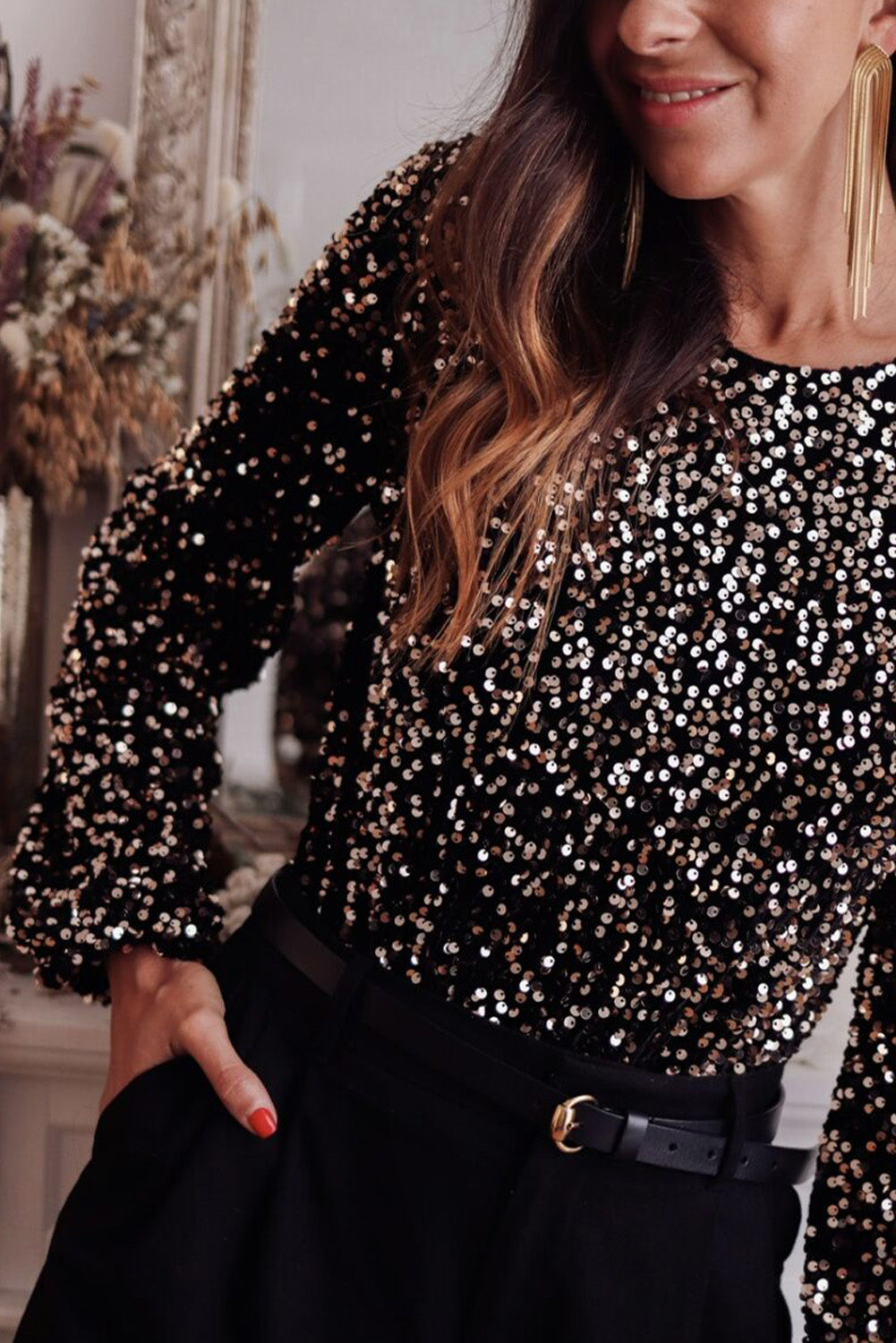 Black Deep V Back Sequin Puff Sleeve Bodysuit