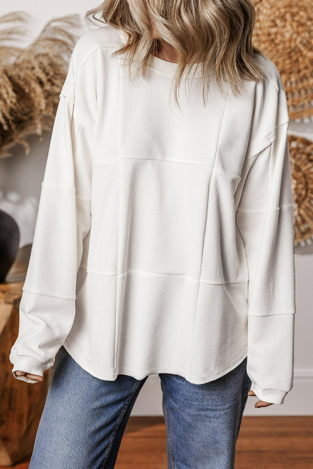 Light French Beige Solid Color Patchwork Drop Shoulder Baggy Sweatshirt