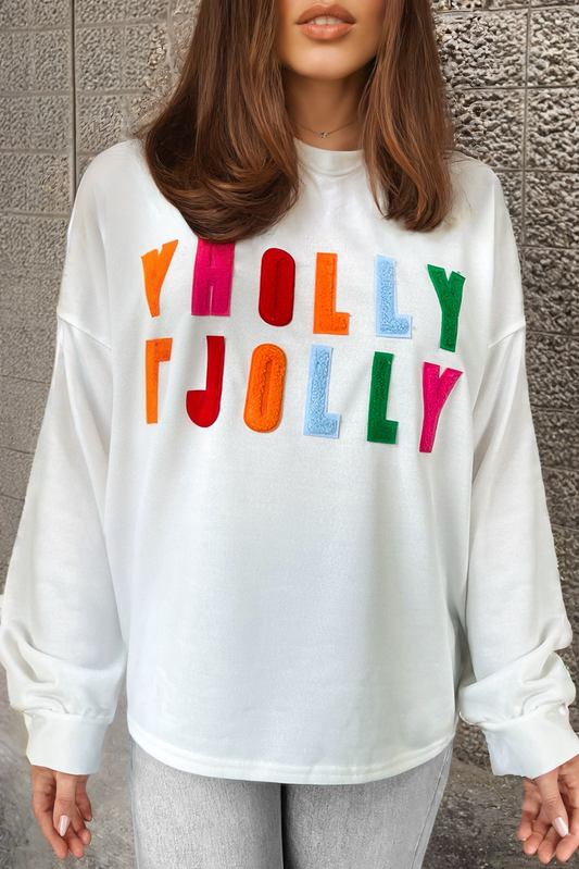 White Holly Jolly Chenille geborduurd plus size sweatshirt