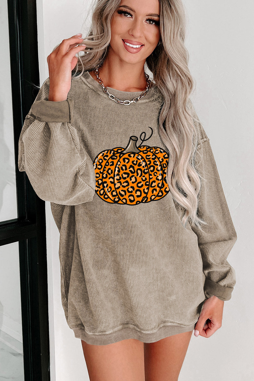 Khaki Halloween Luipaard Pompoen Grafische Corded Sweatshirt