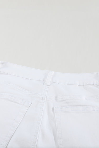 Witte effen hoge taille knopen, gerafelde cropped denim jeans