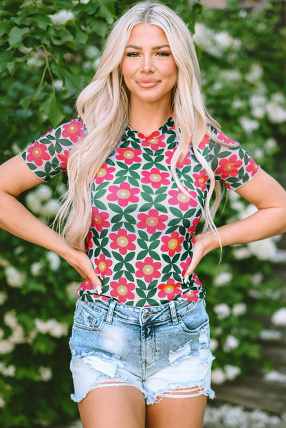 Vurig rood retro T-shirt met ronde hals en bloemenprint