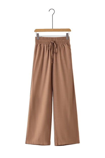 Brown Drawstring Elastic Waist Casual Wide Leg Pants