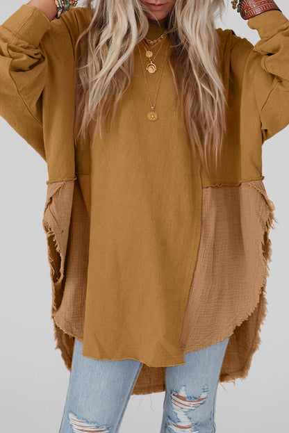 Camel gekreukelde splitsen ruwe zoom hoge lage oversized blouse