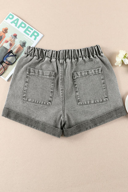 Grijze denim shorts met trekkoord en hoge taille