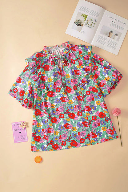 Veelkleurige grote maten bloemenprint, ruches, V-hals, blouse met bubbelmouwen