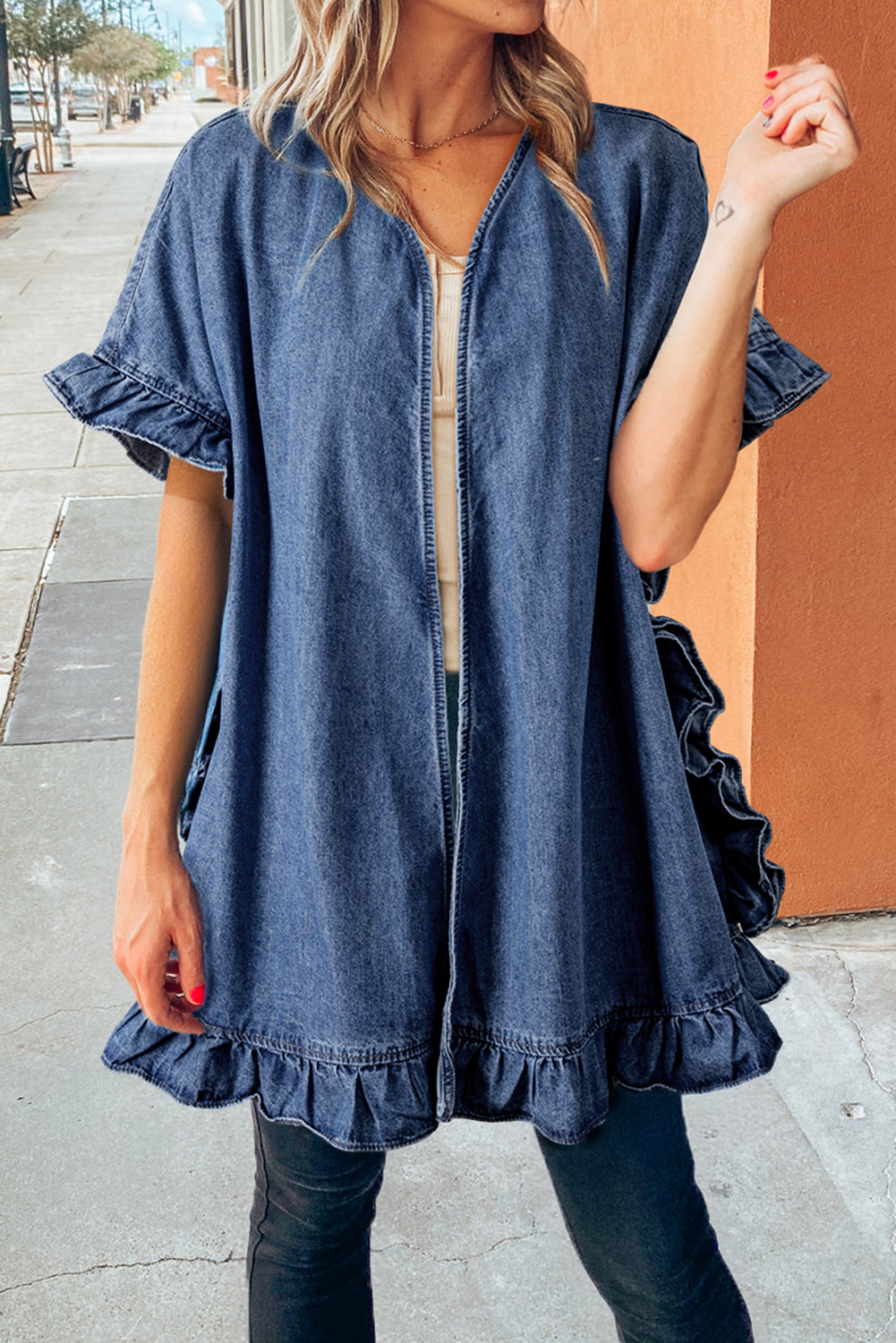 Schemerblauwe Chambray ruches zoom halve mouw open losse kimono