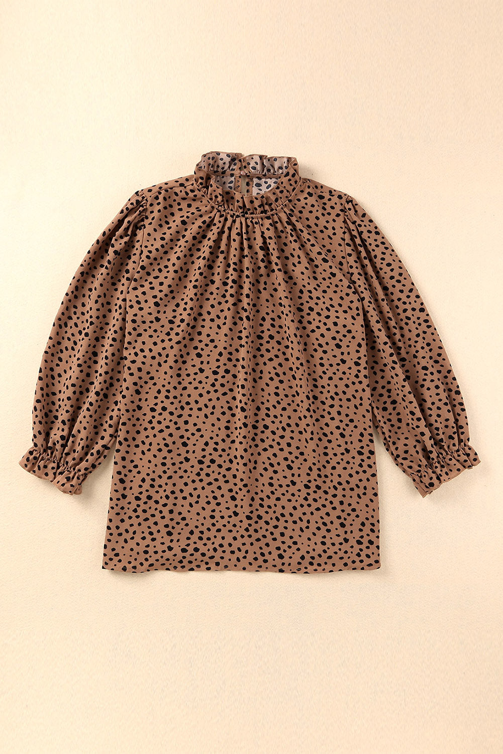 Brown Frilled Neck 3/4 Sleeves Cheetah Blouse