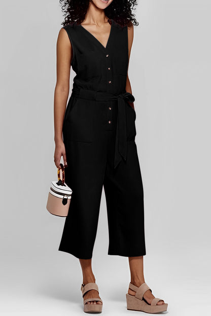 Zwarte mouwloze cropped jumpsuit met knopen en sjerp