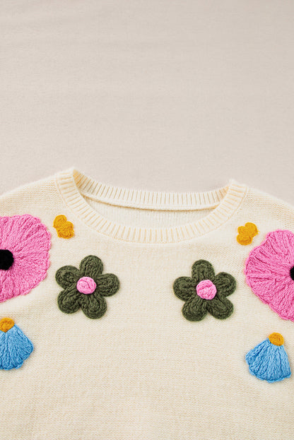 Beige Knitted Flower Pattern Ribbed Edge Sweater