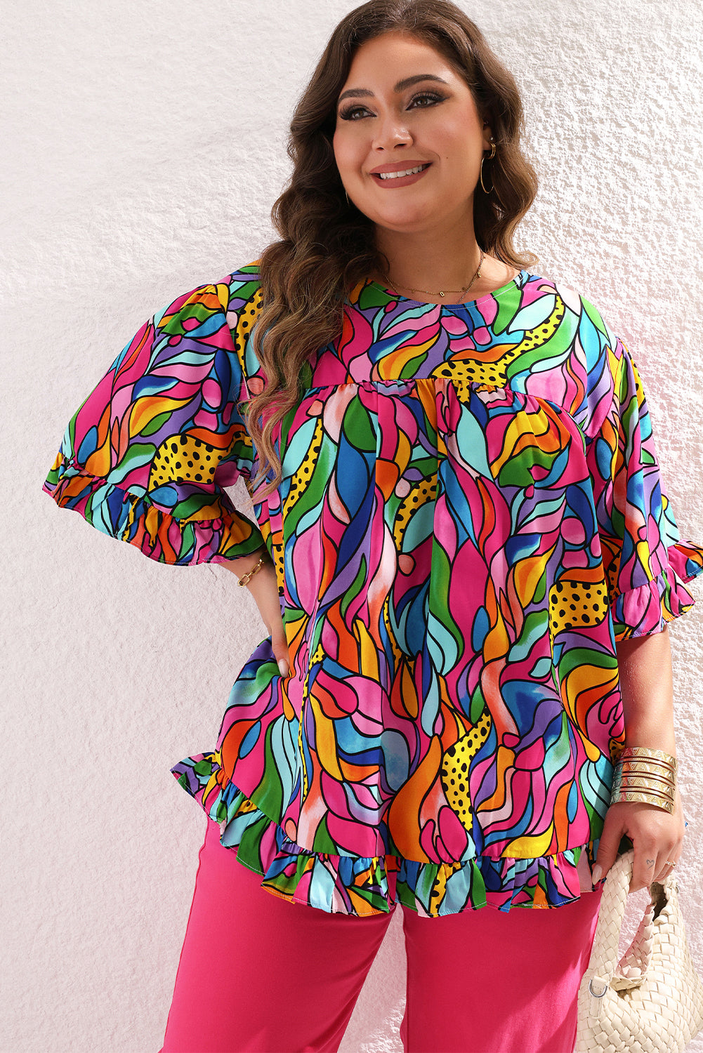 Roze abstracte print plus maat blouse met ruches